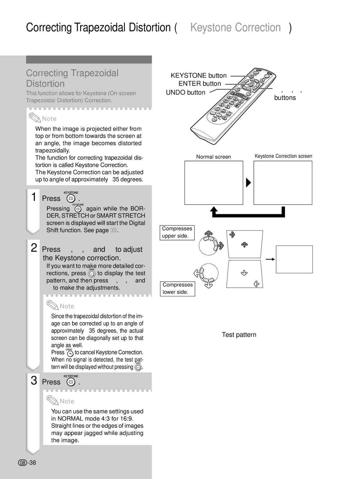 Sharp PG-C45X Correcting Trapezoidal Distortion, Press , , \ and to adjust the Keystone correction, Test pattern 