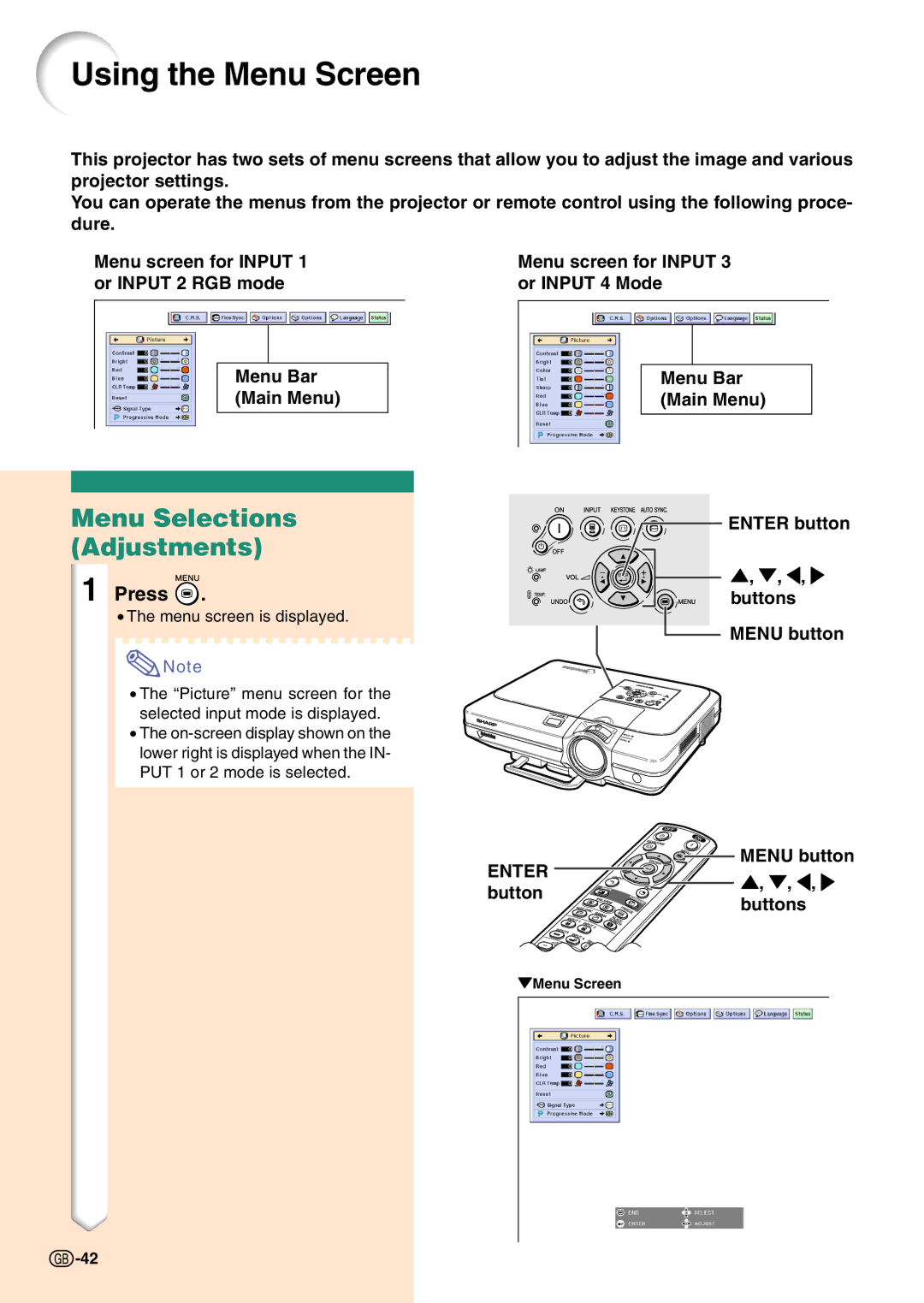 Sharp PG-C45X Using the Menu Screen, Menu Selections Adjustments, Menu Bar Main Menu Enter button Buttons Menu button 