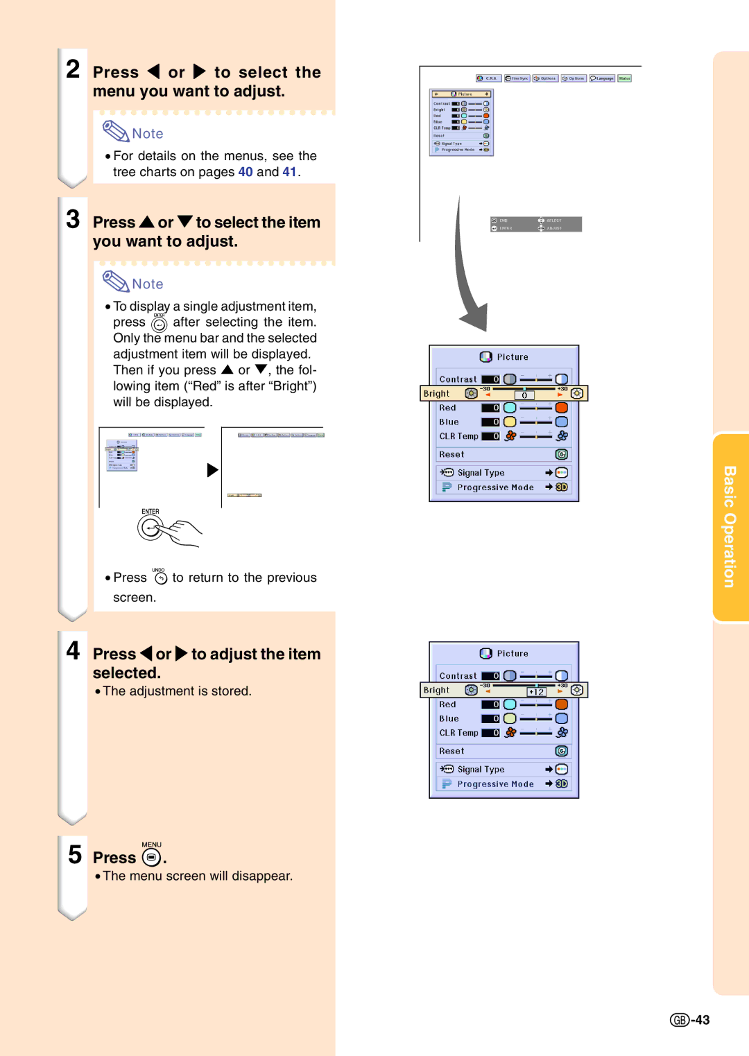 Sharp PG-C45X Press \ or to select the menu you want to adjust, Press or to select the item you want to adjust 