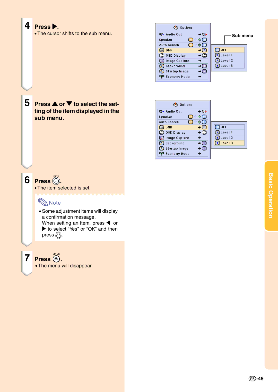 Sharp PG-C45X operation manual Cursor shifts to the sub menu 