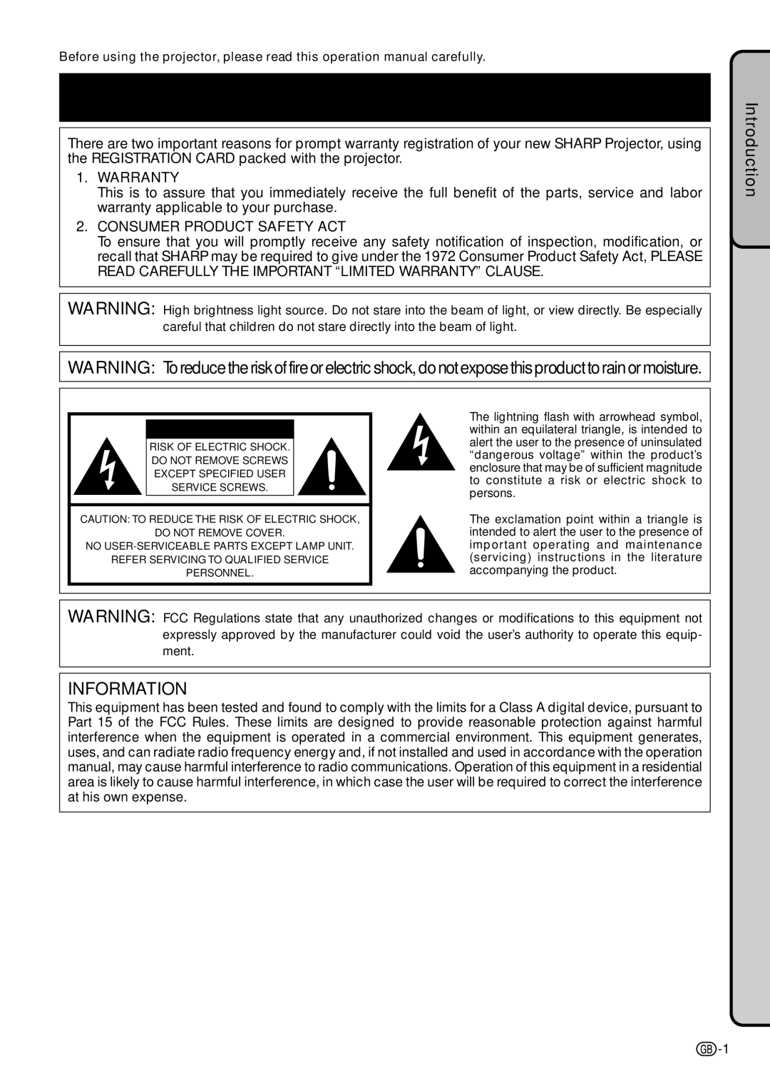 Sharp PG-C45X operation manual Introduction 