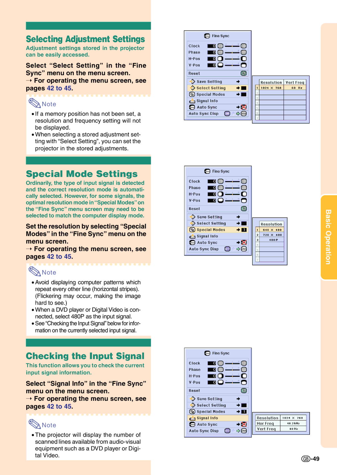 Sharp PG-C45X operation manual Selecting Adjustment Settings, Special Mode Settings, Checking the Input Signal 