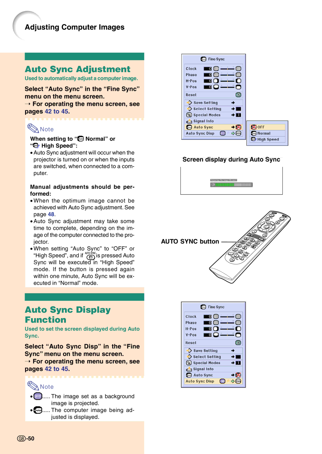 Sharp PG-C45X Auto Sync Adjustment, Auto Sync Display Function, Screen display during Auto Sync, Auto Sync button 