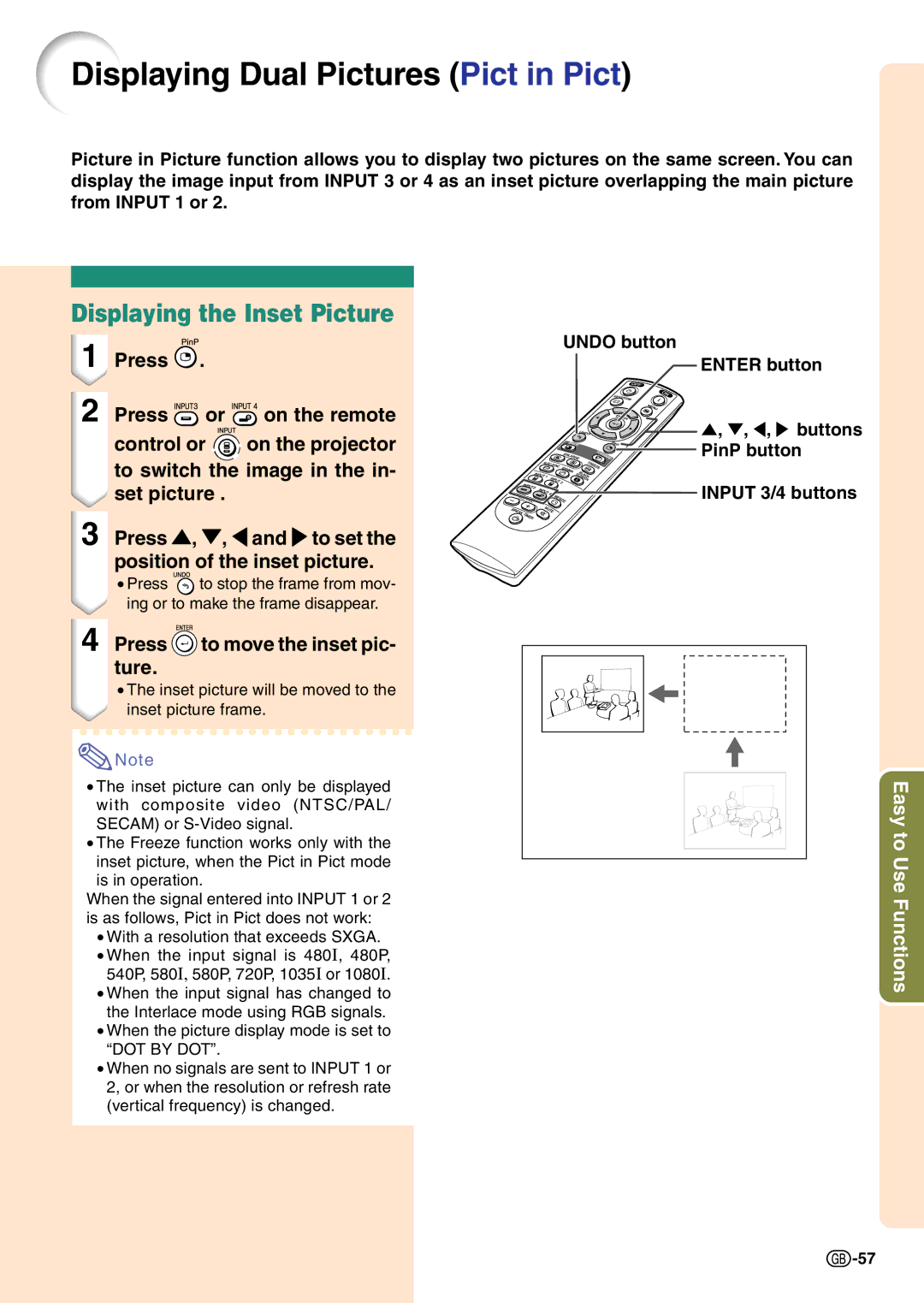 Sharp PG-C45X Displaying Dual Pictures Pict in Pict, Displaying the Inset Picture, Press to move the inset pic- ture 