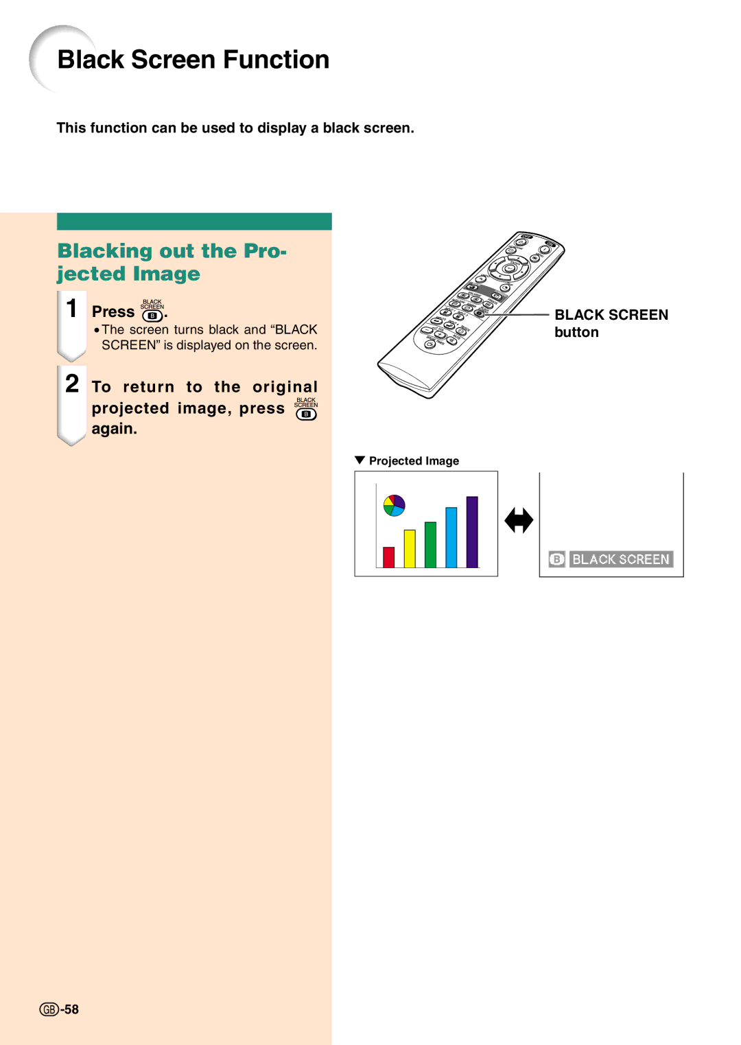 Sharp PG-C45X operation manual Black Screen Function, Blacking out the Pro- jected Image, Black Screen button 