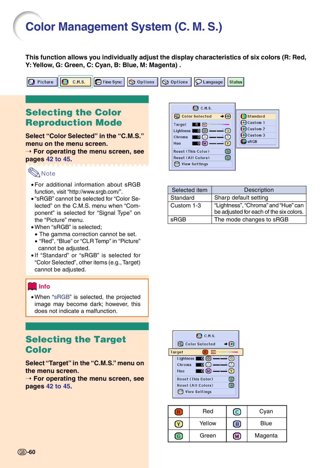 Sharp PG-C45X operation manual Selecting the Color Reproduction Mode, Selecting the Target Color 