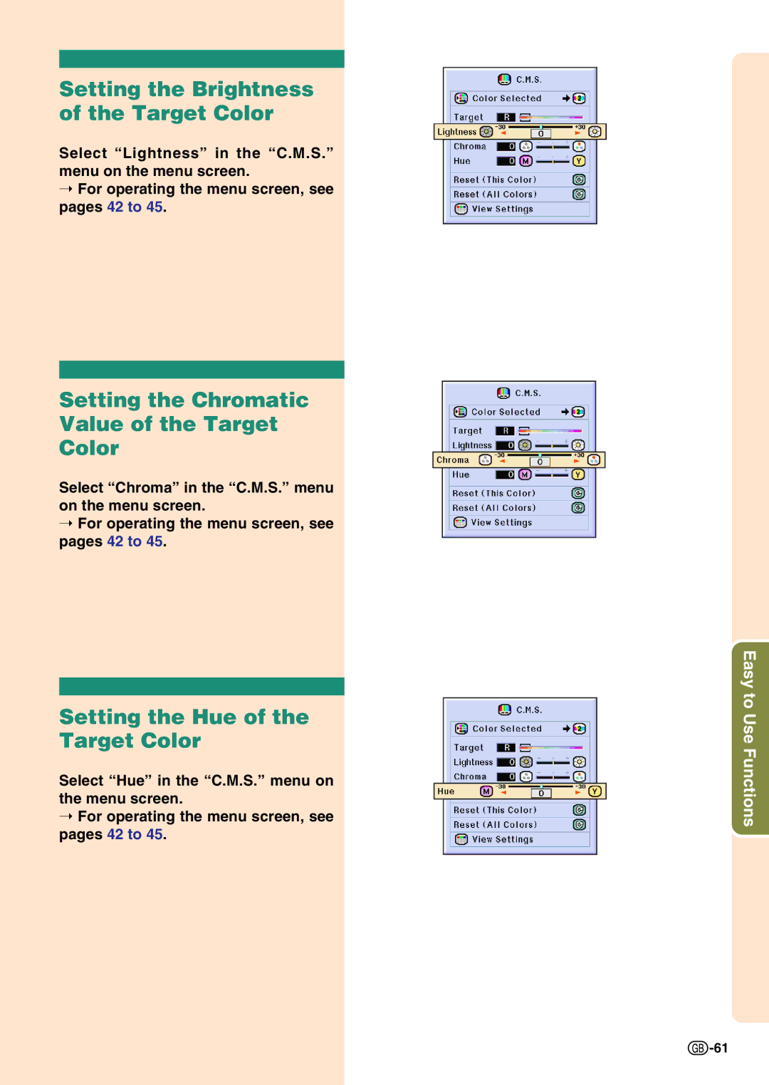 Sharp PG-C45X operation manual Setting the Brightness of the Target Color, Setting the Chromatic Value of the Target Color 