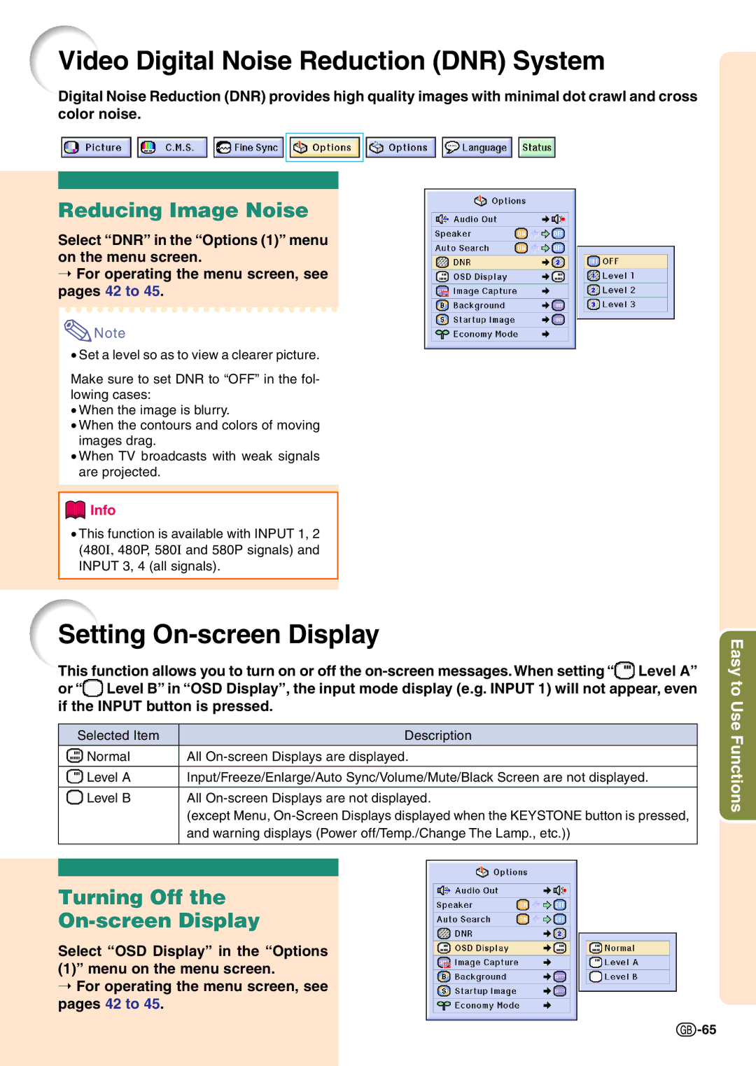 Sharp PG-C45X operation manual Video Digital Noise Reduction DNR System, Setting On-screen Display, Reducing Image Noise 