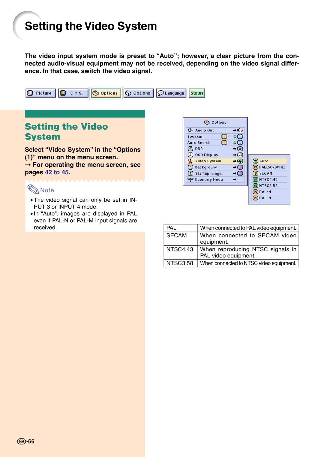 Sharp PG-C45X operation manual Setting the Video System 