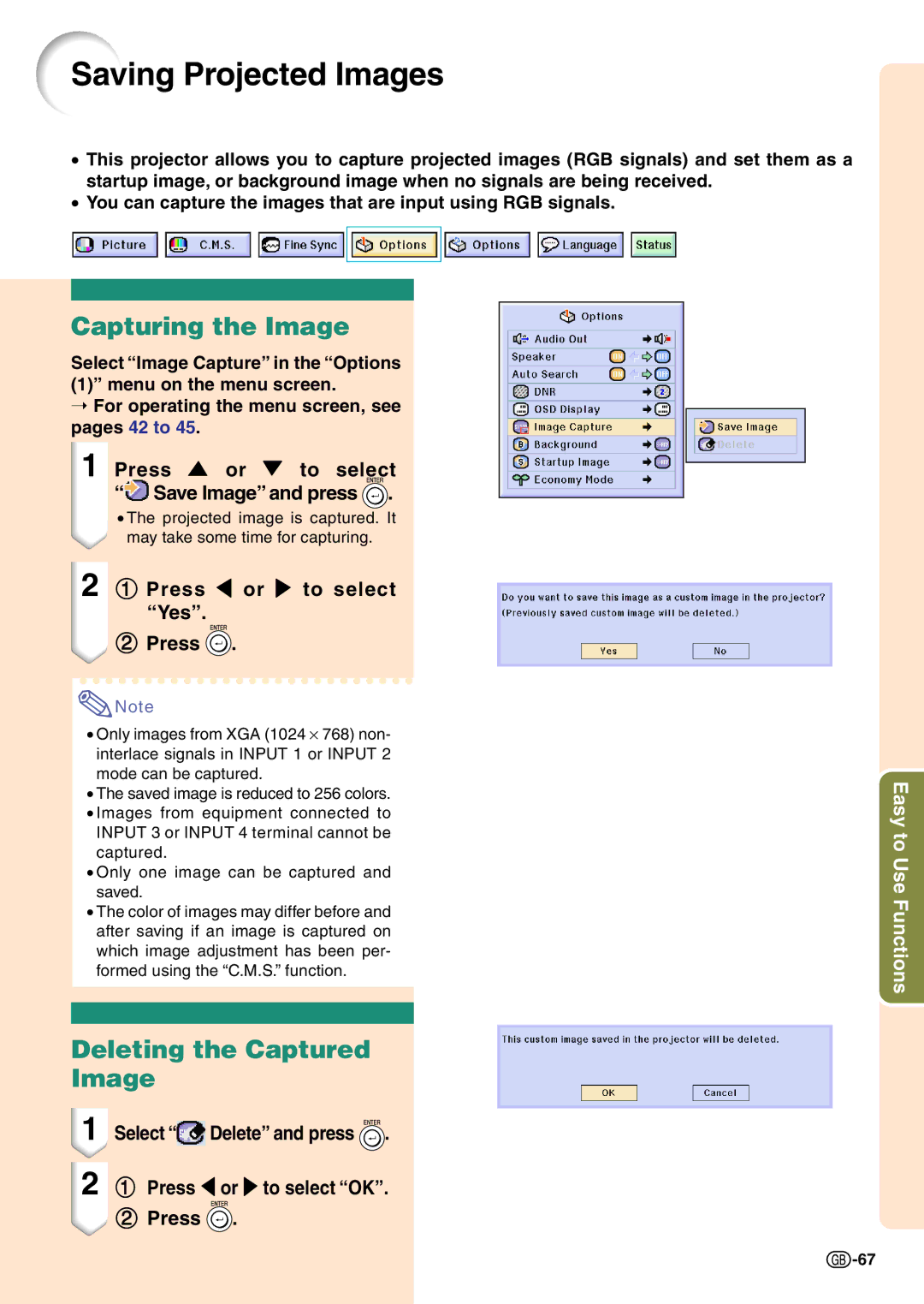 Sharp PG-C45X operation manual Saving Projected Images, Capturing the Image, Deleting the Captured Image 