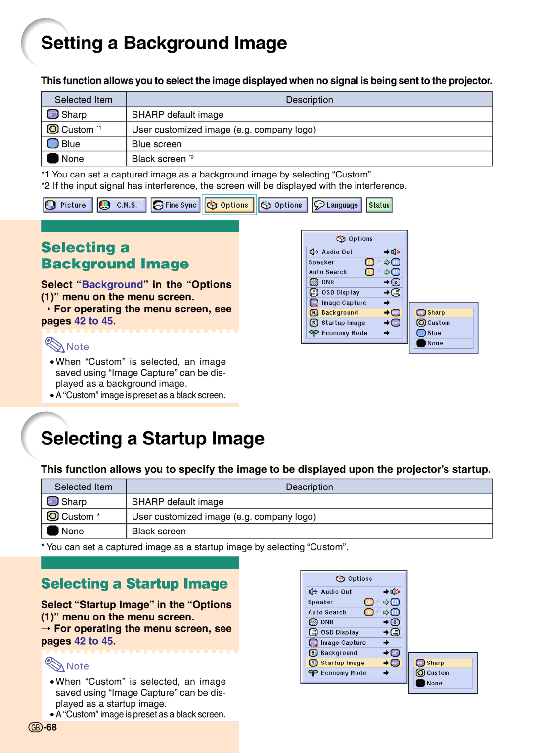 Sharp PG-C45X operation manual Setting a Background Image, Selecting a Startup Image, Selecting a Background Image 