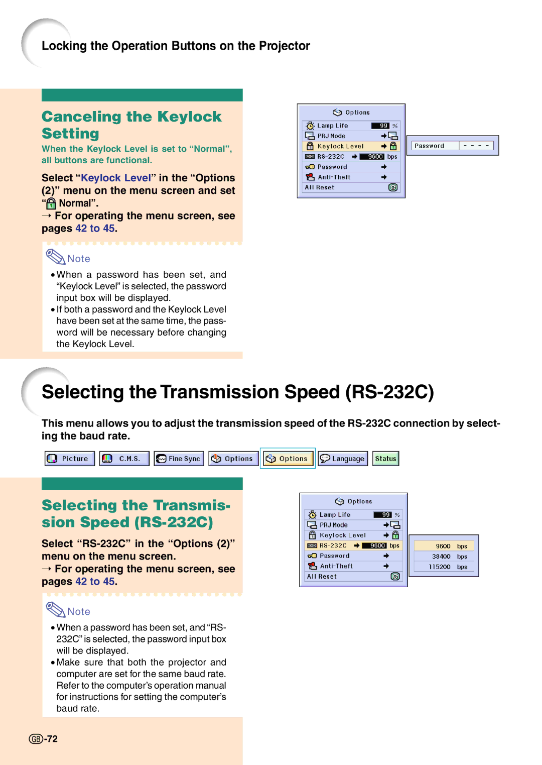 Sharp PG-C45X operation manual Selecting the Transmission Speed RS-232C, Canceling the Keylock Setting 