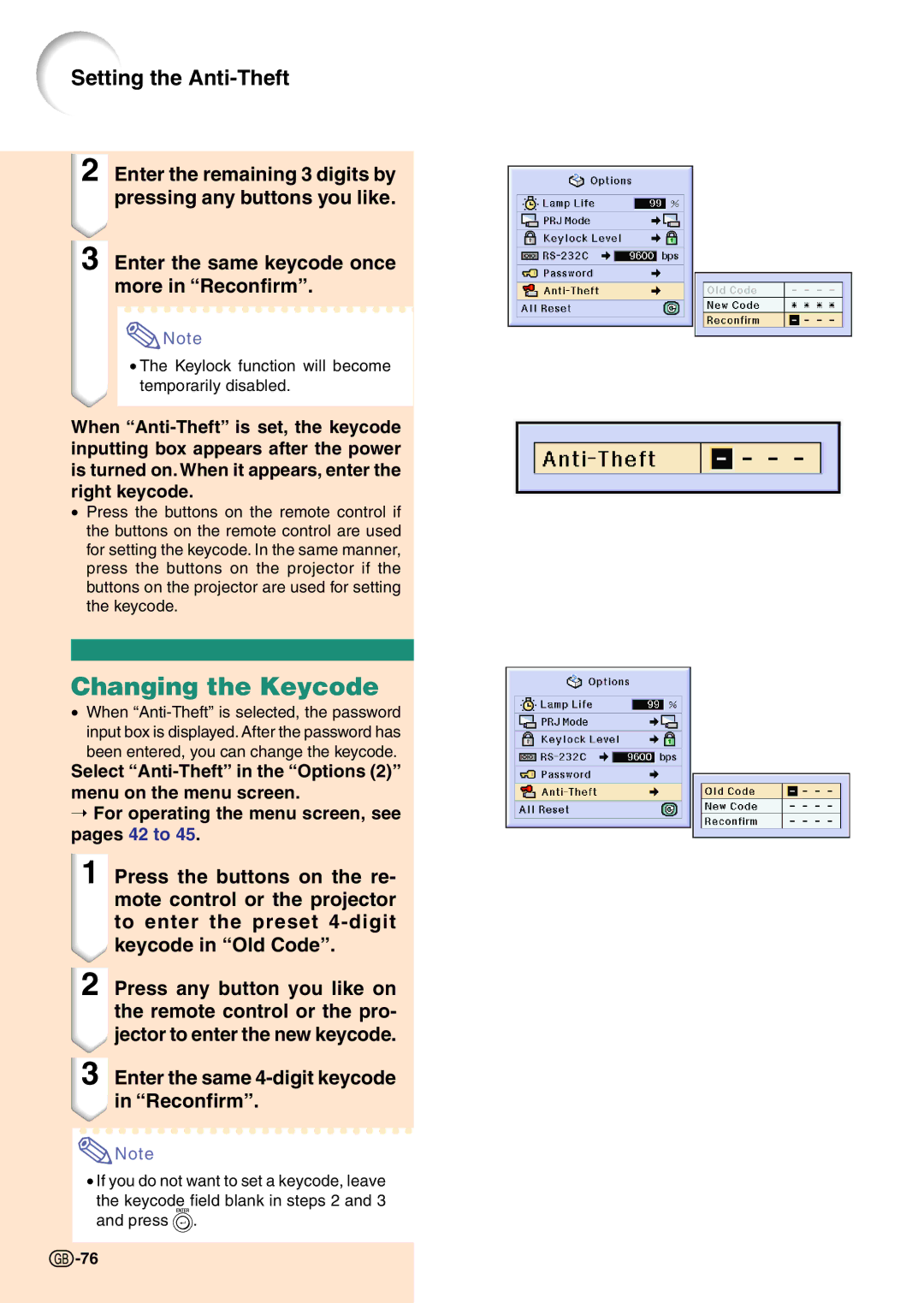 Sharp PG-C45X operation manual Changing the Keycode, Enter the same 4-digit keycode in Reconfirm 