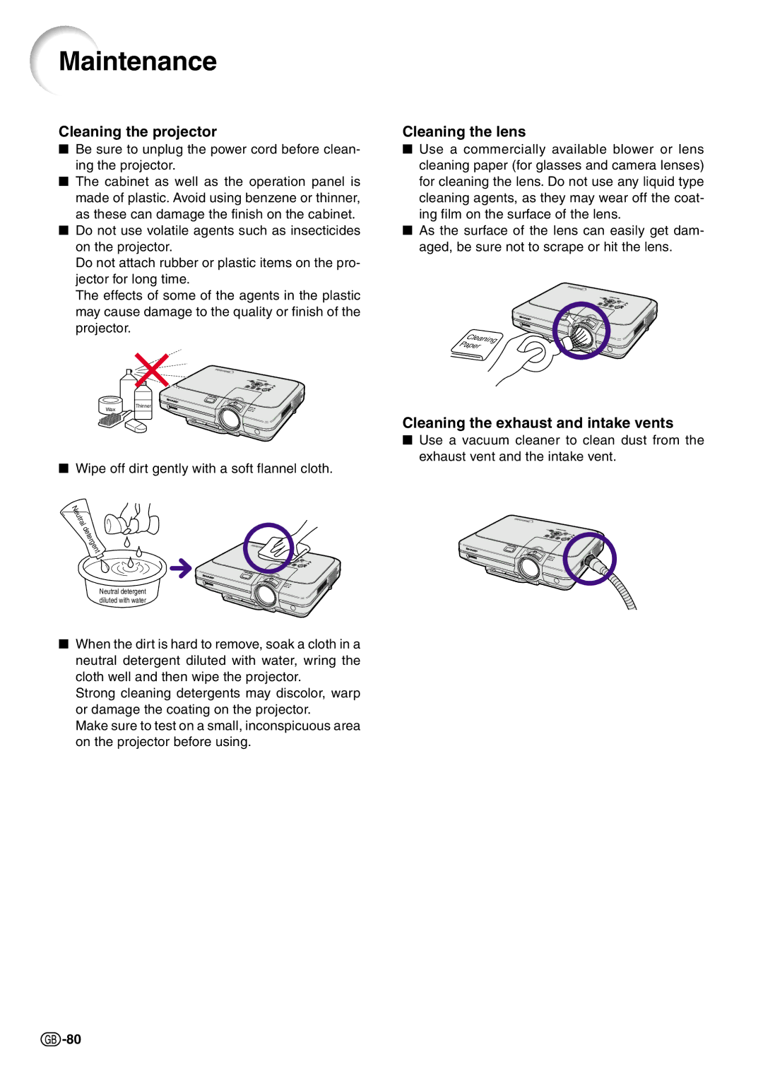 Sharp PG-C45X Maintenance, Cleaning the projector, Cleaning the lens, Cleaning the exhaust and intake vents 