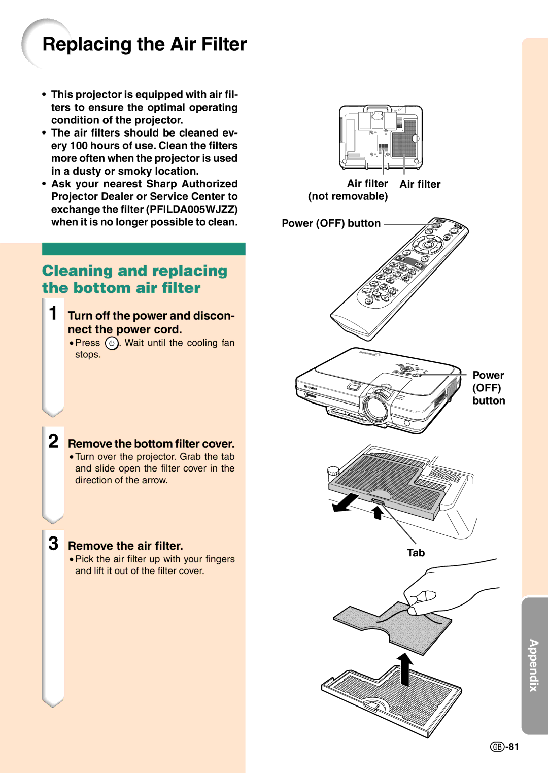 Sharp PG-C45X Replacing the Air Filter, Cleaning and replacing the bottom air filter, Remove the bottom filter cover 