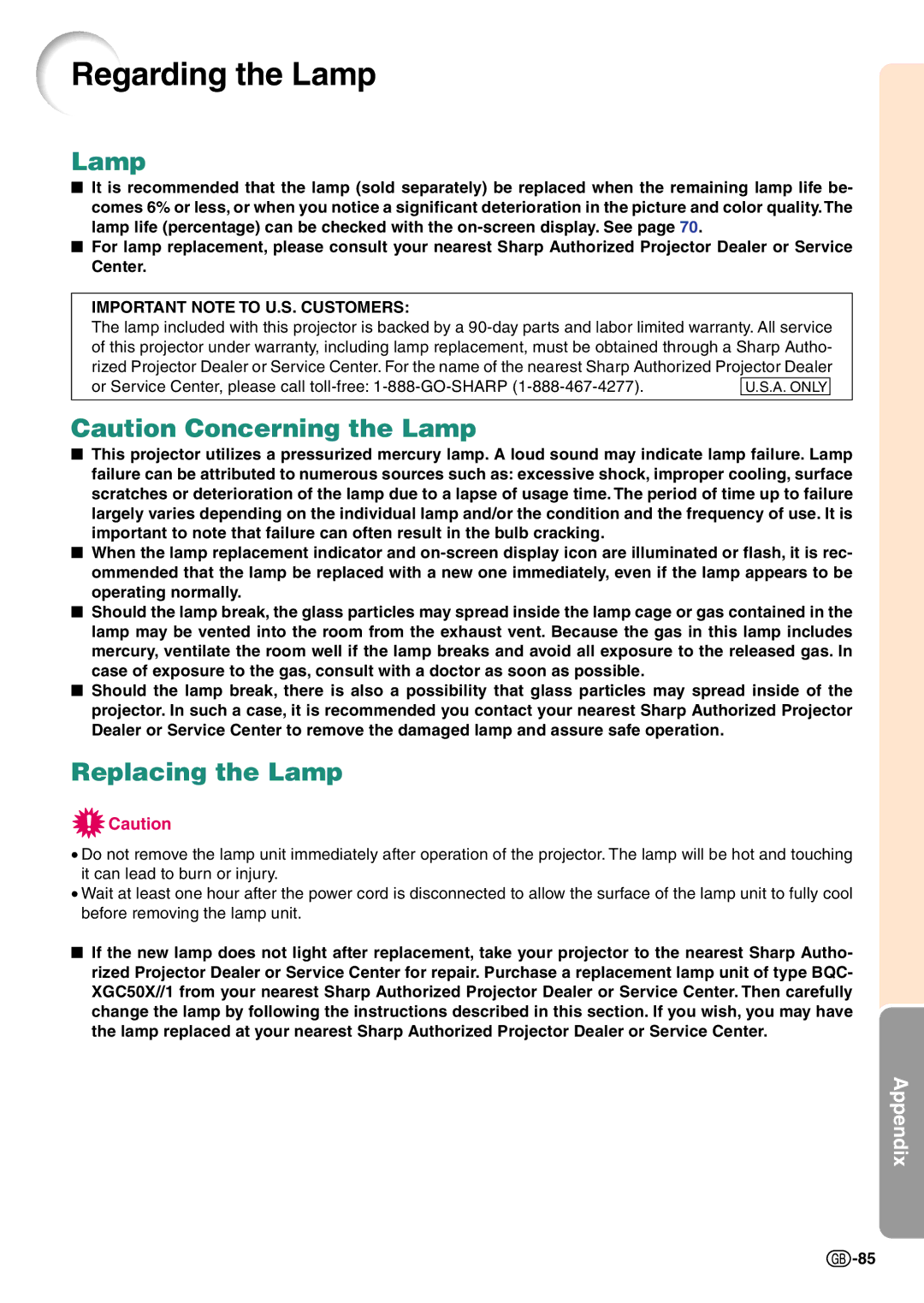 Sharp PG-C45X operation manual Regarding the Lamp, Replacing the Lamp 