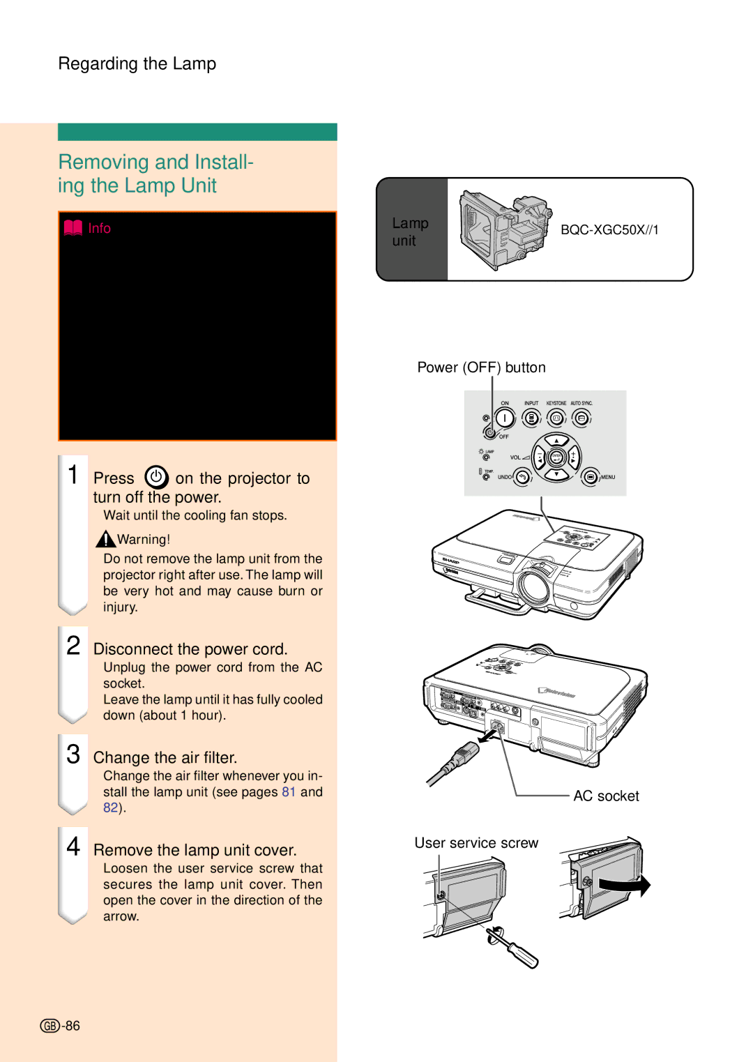 Sharp PG-C45X Removing and Install- ing the Lamp Unit, Press on the projector to turn off the power, Change the air filter 