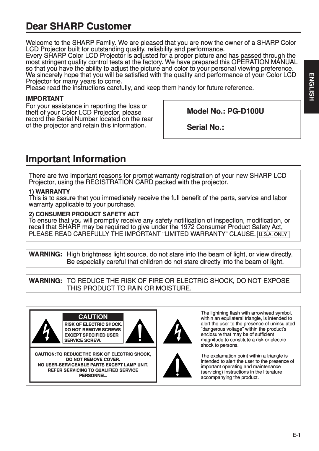 Sharp operation manual Dear SHARP Customer, Important Information, Model No. PG-D100U, Serial No, English 