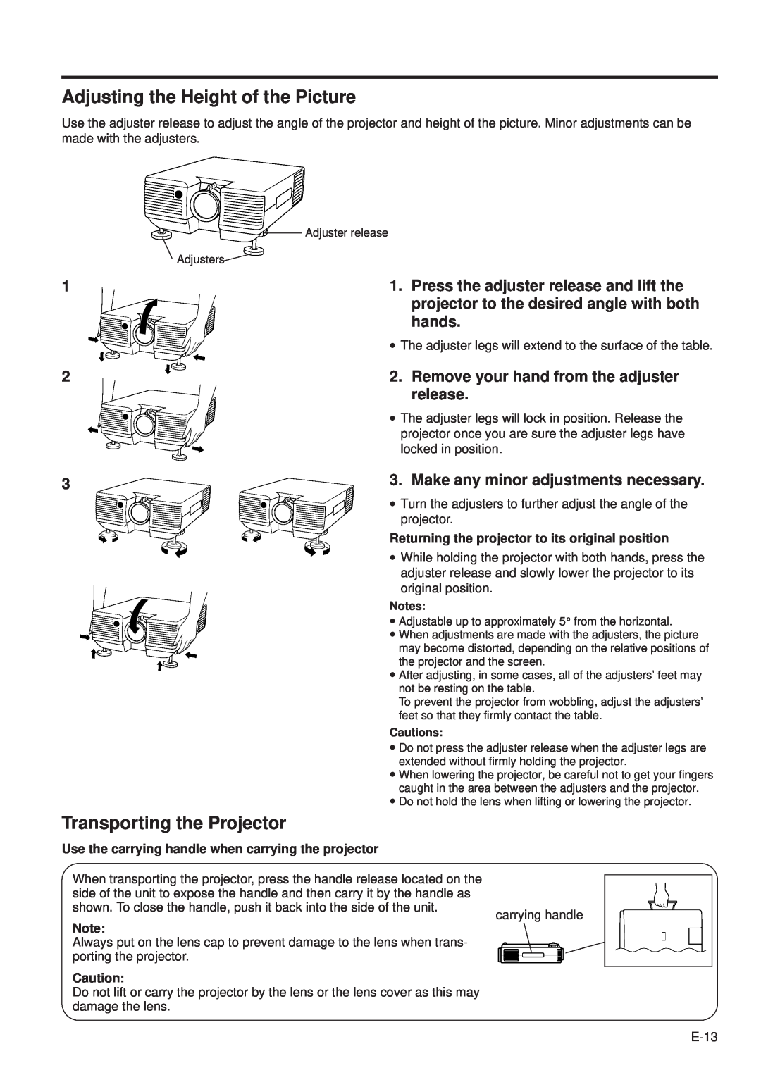 Sharp PG-D100U operation manual Press the adjuster release and lift the, projector to the desired angle with both hands 