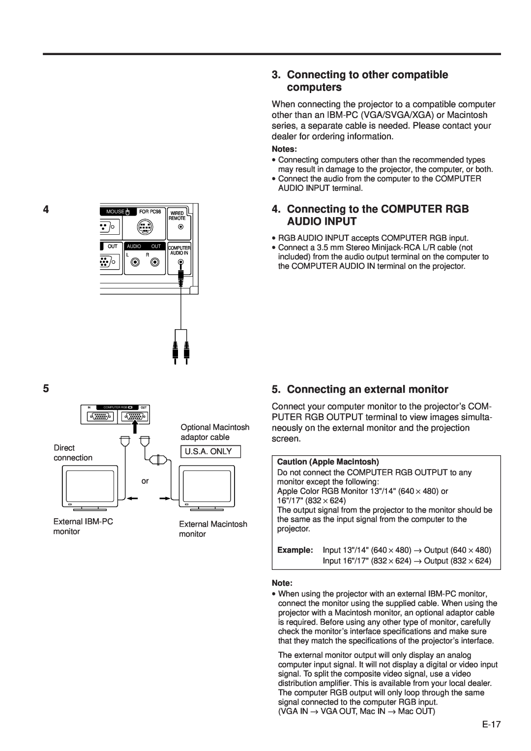 Sharp PG-D100U operation manual Connecting to other compatible computers, Connecting to the COMPUTER RGB AUDIO INPUT 