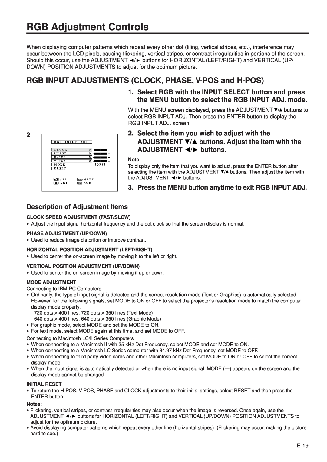 Sharp PG-D100U RGB Adjustment Controls, Select the item you wish to adjust with the, Description of Adjustment Items 