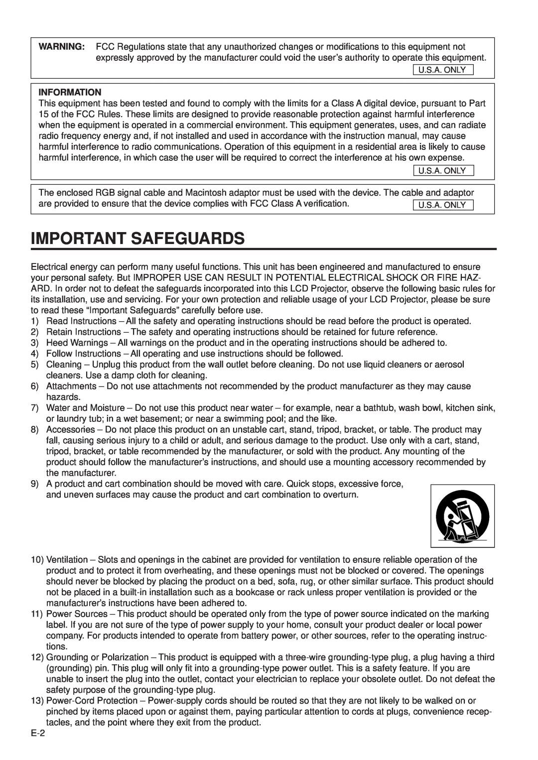 Sharp PG-D100U operation manual Important Safeguards, Information 