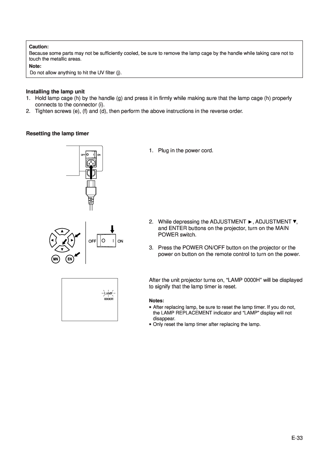 Sharp PG-D100U operation manual Installing the lamp unit, Resetting the lamp timer 