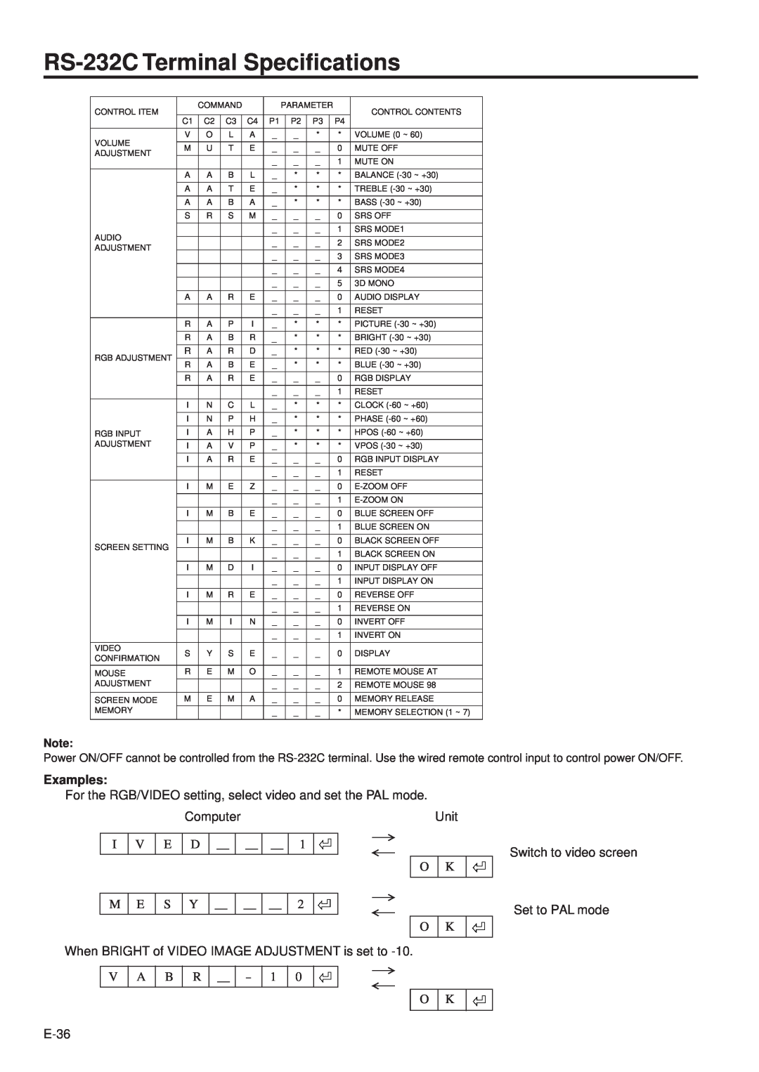 Sharp PG-D100U RS-232C Terminal Specifications, Examples, For the RGB/VIDEO setting, select video and set the PAL mode 