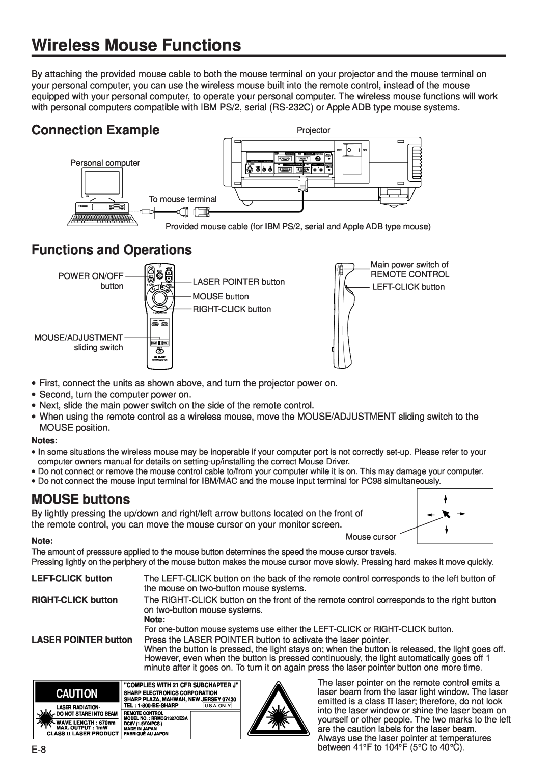 Sharp PG-D100U operation manual Wireless Mouse Functions, Connection Example, Functions and Operations, MOUSE buttons 