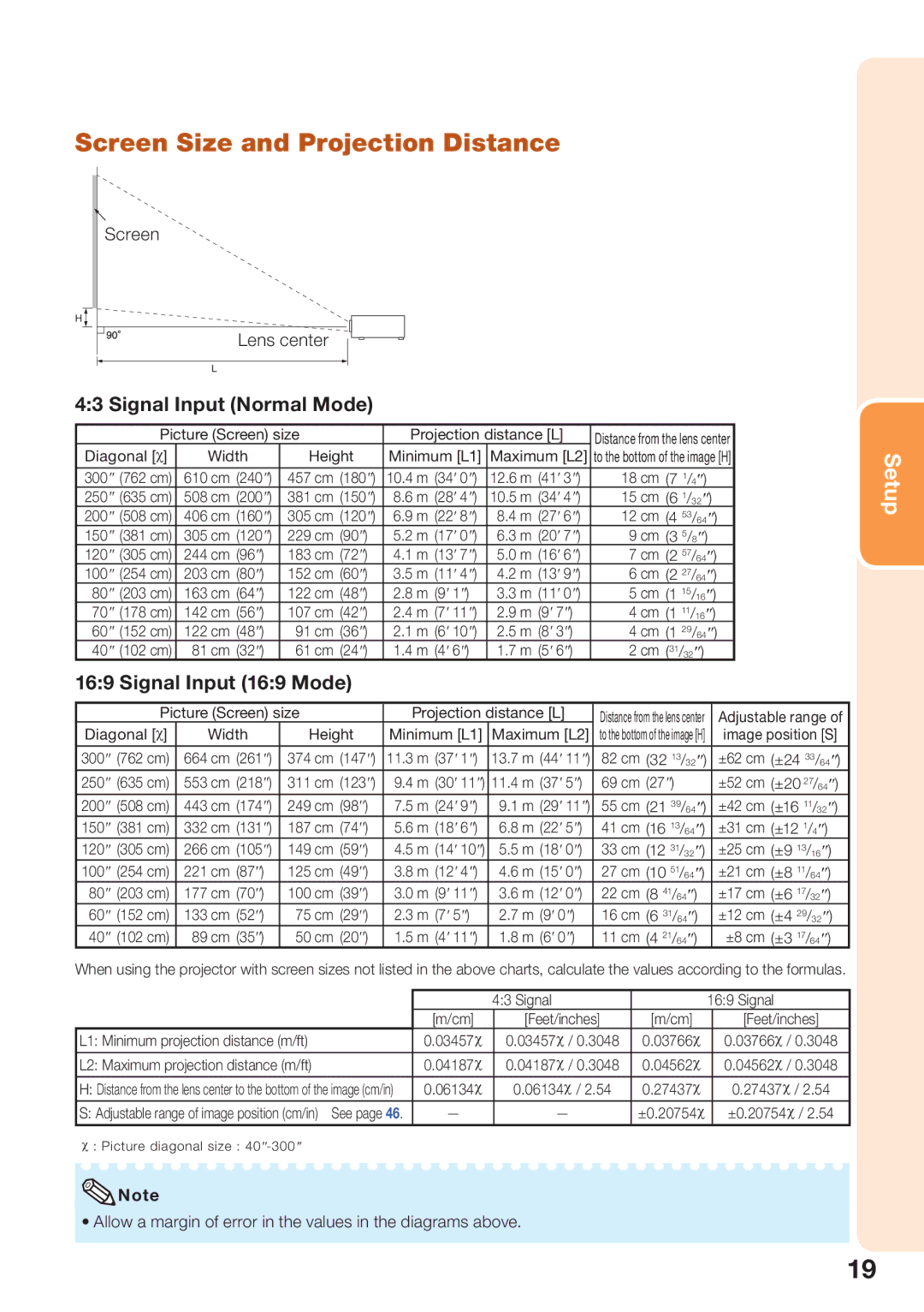 Sharp PG-D2510X Screen Size and Projection Distance, Signal Input Normal Mode, Signal Input 169 Mode, Screen Lens center 