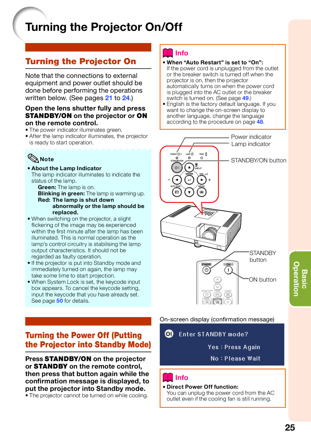 Sharp PG-D2510X appendix Turning the Projector On/Off, Power indicator Lamp indicator 