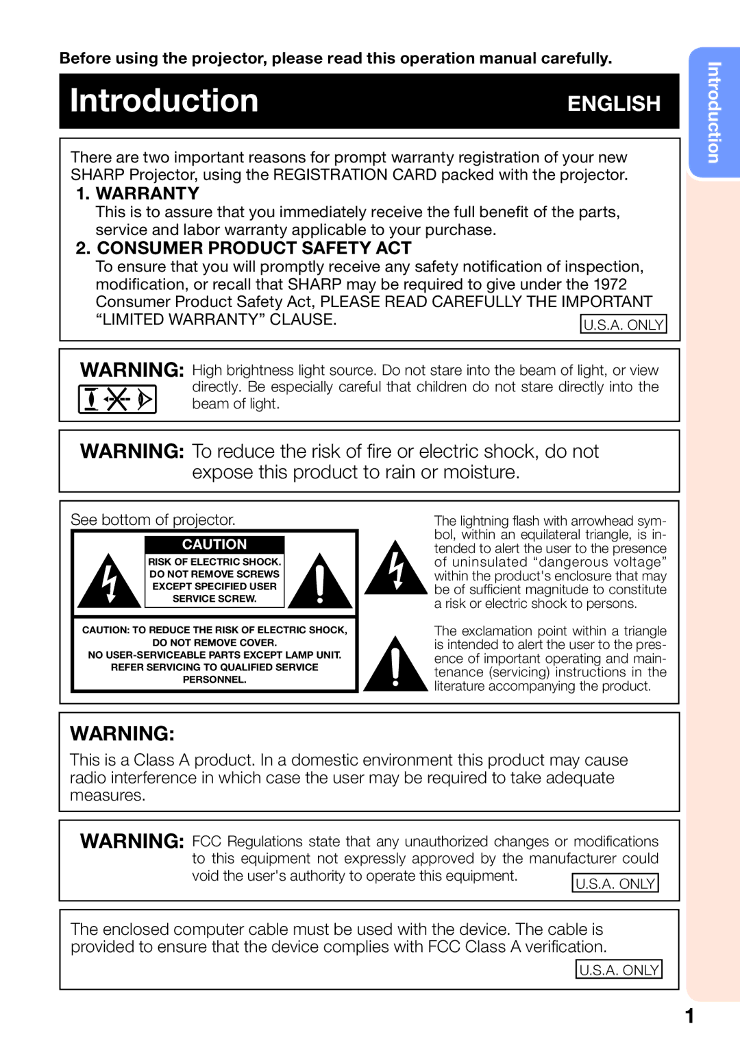 Sharp PG-D2510X appendix See bottom of projector, Void the users authority to operate this equipment 