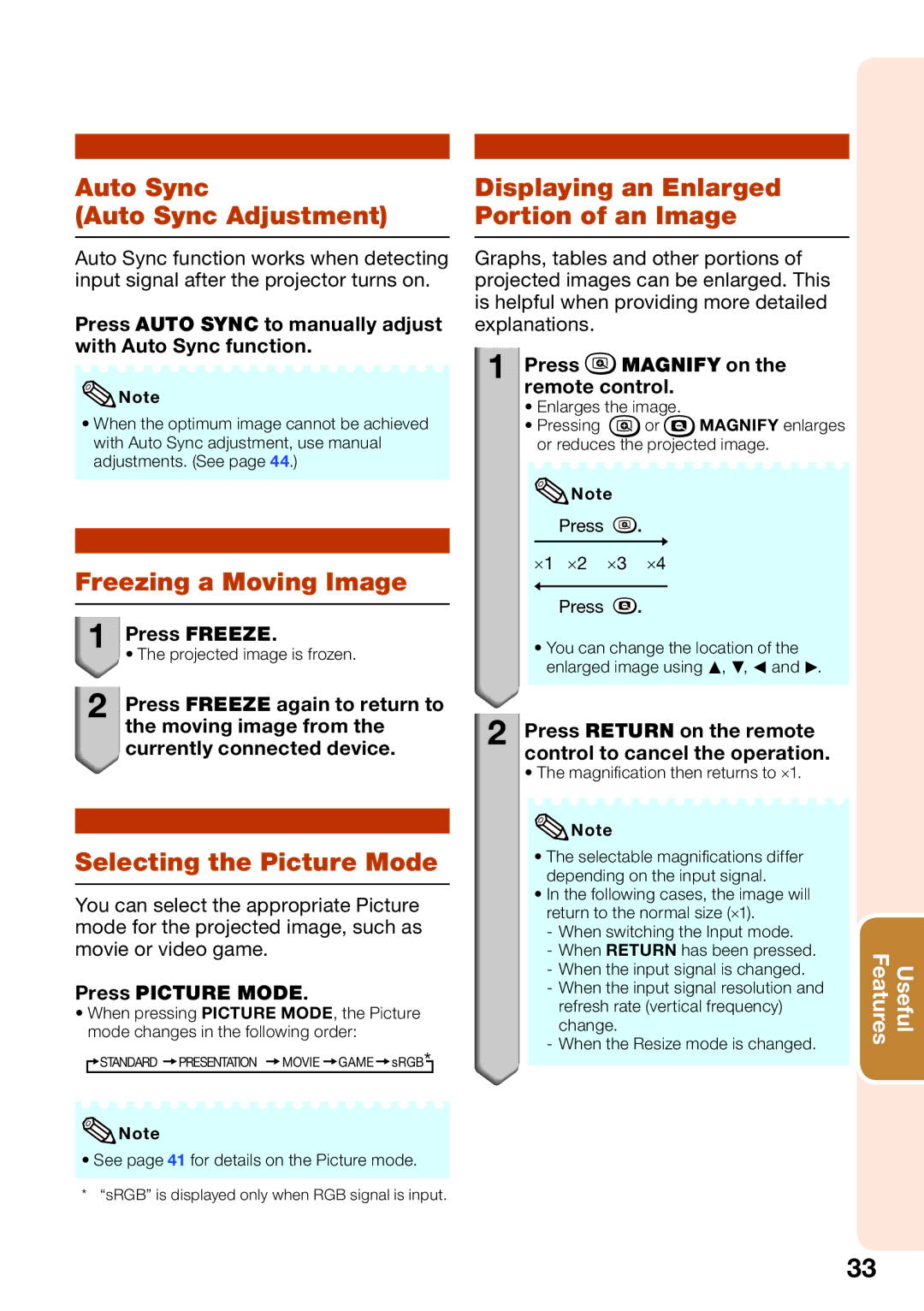 Sharp PG-D2510X appendix Auto Sync Auto Sync Adjustment, Freezing a Moving Image, Selecting the Picture Mode 