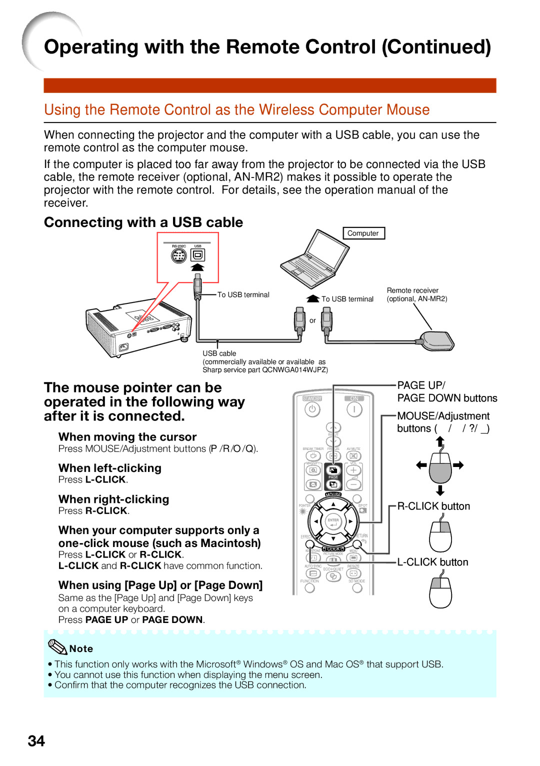 Sharp PG-D2510X Using the Remote Control as the Wireless Computer Mouse, When moving the cursor, When left-clicking 