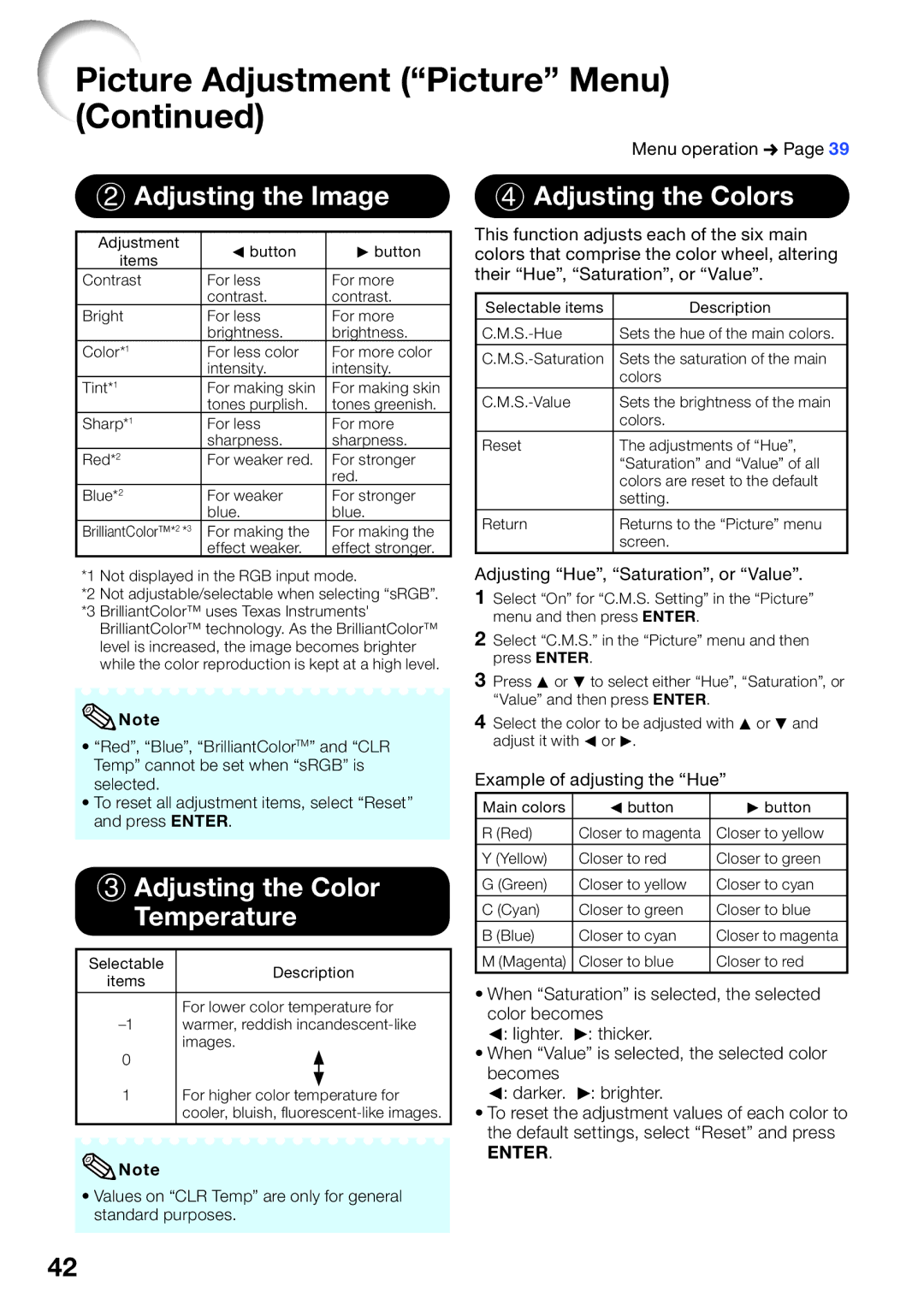 Sharp PG-D2510X Adjusting the Image, Adjusting the Color Temperature, Adjusting the Colors, Example of adjusting the Hue 