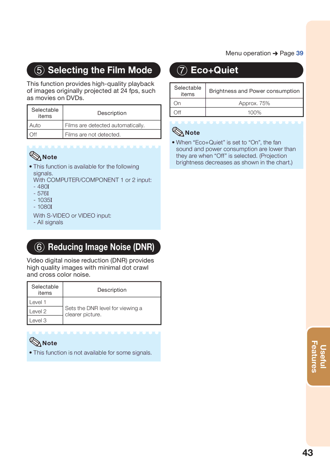 Sharp PG-D2510X appendix Selecting the Film Mode, Eco+Quiet, Reducing Image Noise DNR 