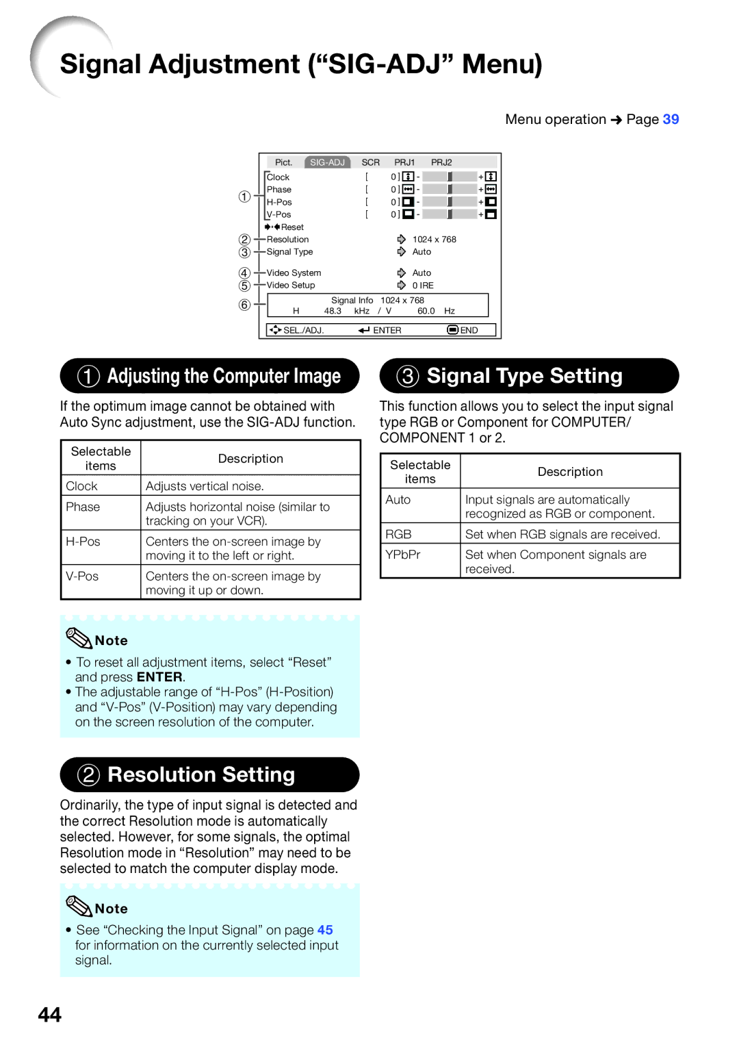 Sharp PG-D2510X appendix Signal Adjustment SIG-ADJ Menu, Signal Type Setting, Resolution Setting 