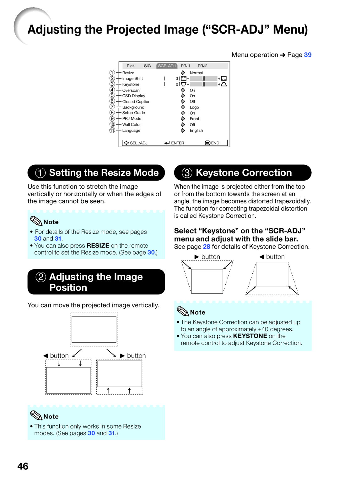 Sharp PG-D2510X appendix Adjusting the Projected Image SCR-ADJ Menu, Setting the Resize Mode, Keystone Correction 