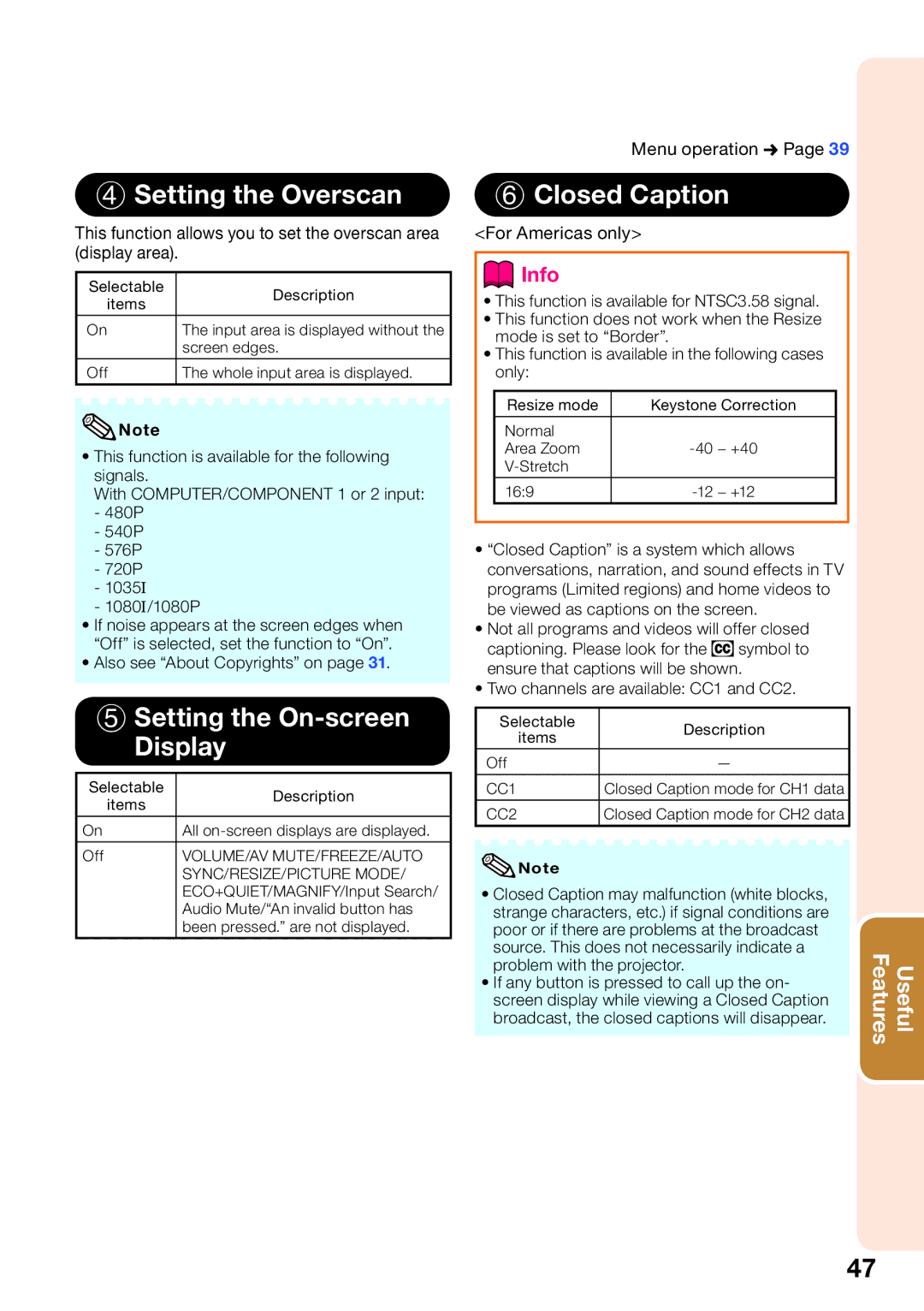 Sharp PG-D2510X appendix Setting the Overscan, Setting the On-screen Display, Closed Caption, For Americas only 