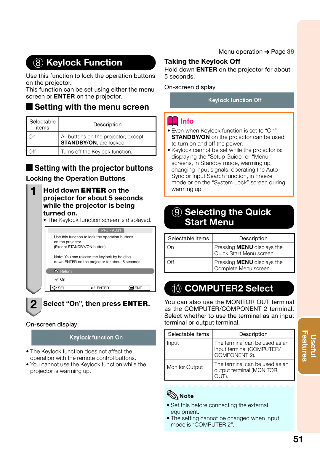 Sharp PG-D2510X appendix Keylock Function, Selecting the Quick Start Menu, COMPUTER2 Select, Select On, then press Enter 