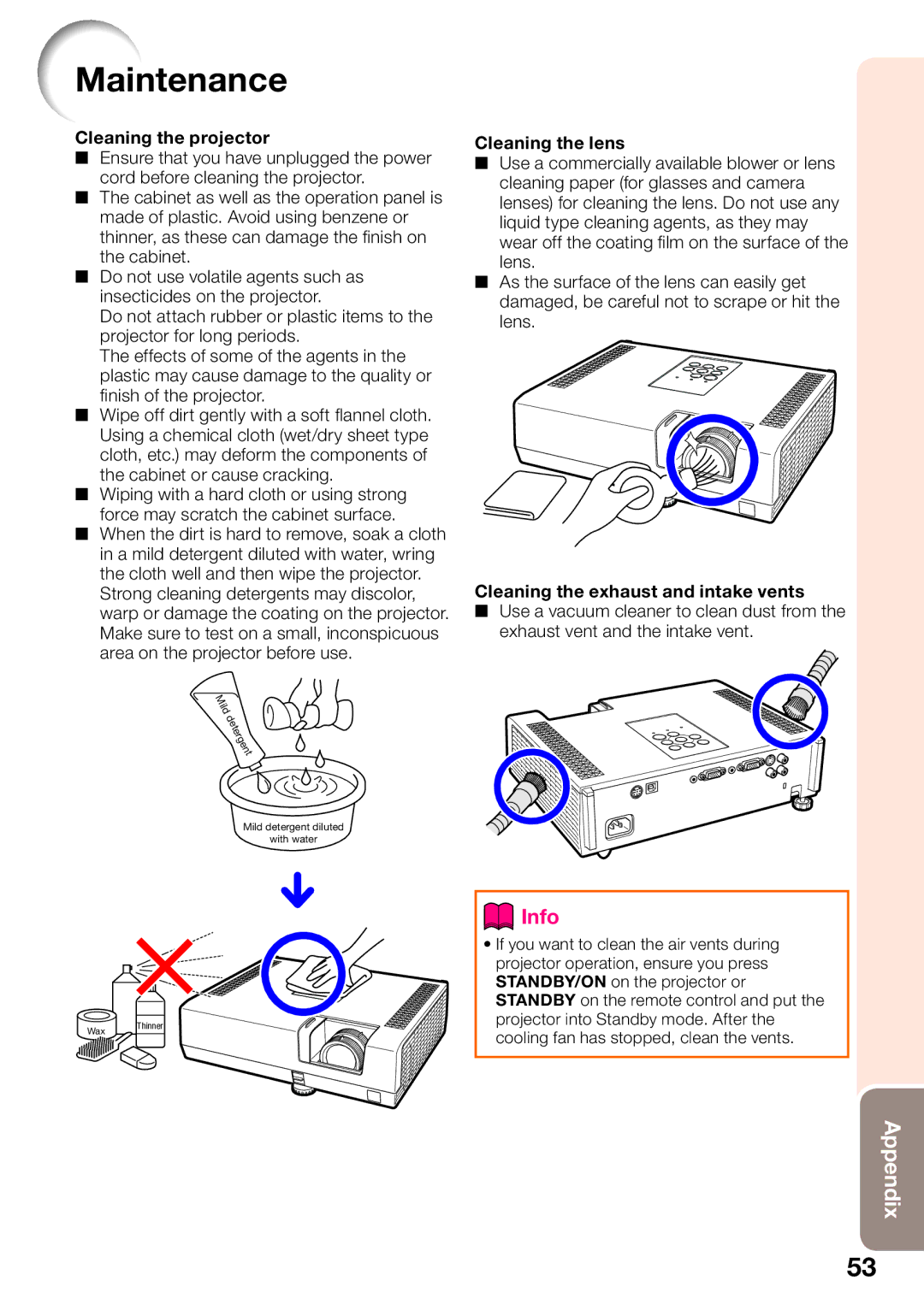 Sharp PG-D2510X appendix Maintenance, Cleaning the projector 