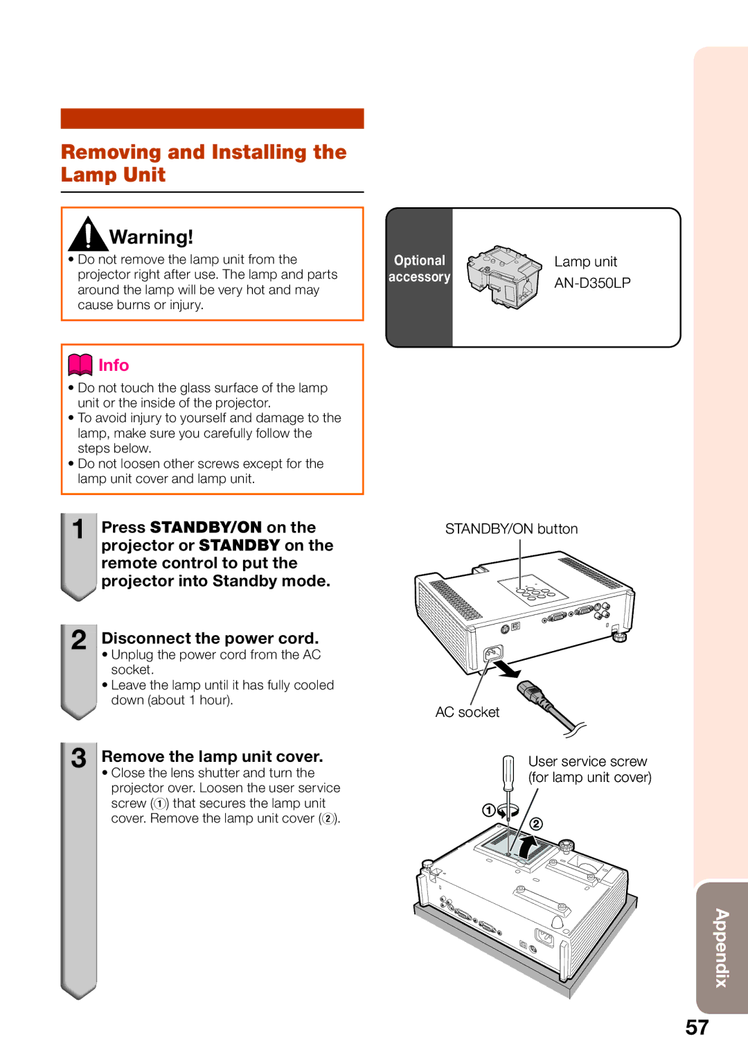 Sharp PG-D2510X Removing and Installing the Lamp Unit, Remove the lamp unit cover, Lamp unit, STANDBY/ON button AC socket 