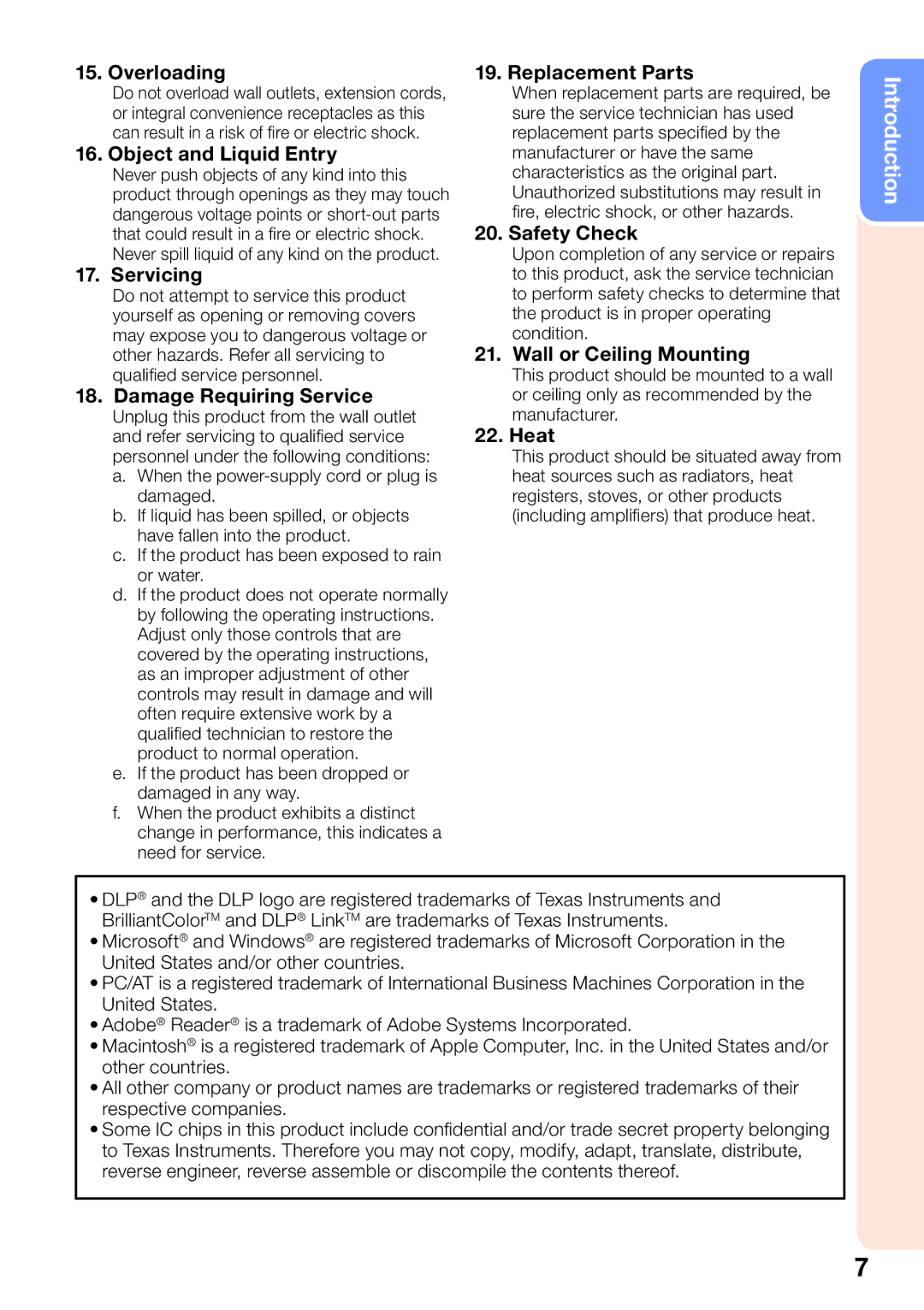 Sharp PG-D2510X Overloading, Object and Liquid Entry, Servicing, Damage Requiring Service, Replacement Parts, Safety Check 