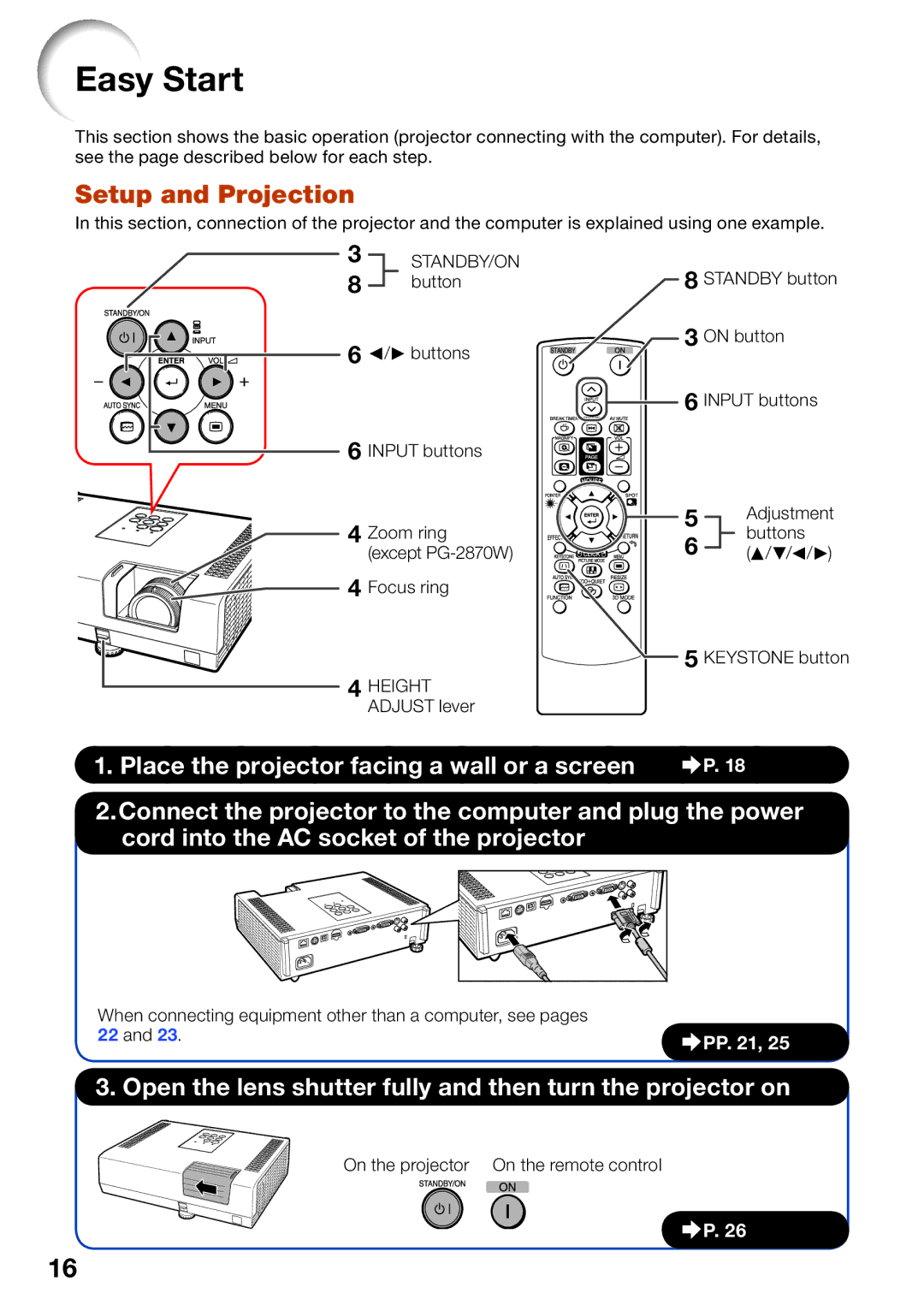 Sharp PG-D3550W Easy Start, Setup and Projection, Button, When connecting equipment other than a computer, see pages 