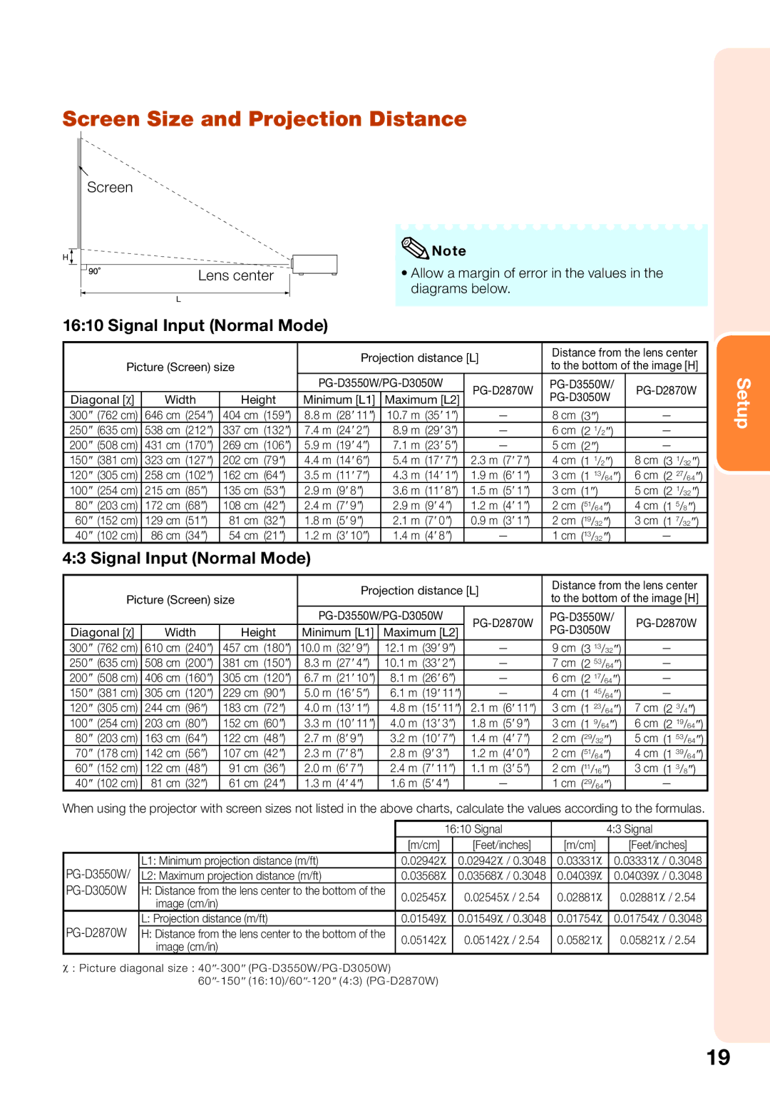 Sharp PG-D3550W, PG-D2870W, PG-D3050W Screen Size and Projection Distance, Signal Input Normal Mode, Screen Lens center 