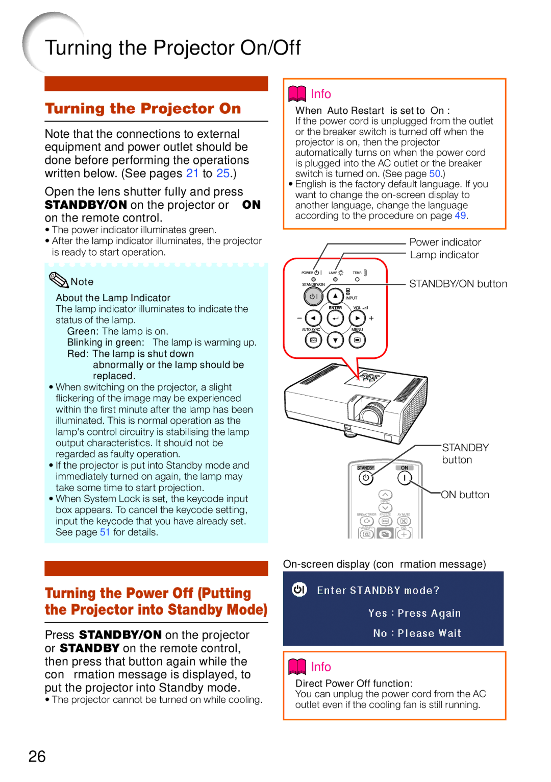 Sharp PG-D2870W, PG-D3050W appendix Turning the Projector On/Off, Power indicator Lamp indicator, Standby button On button 