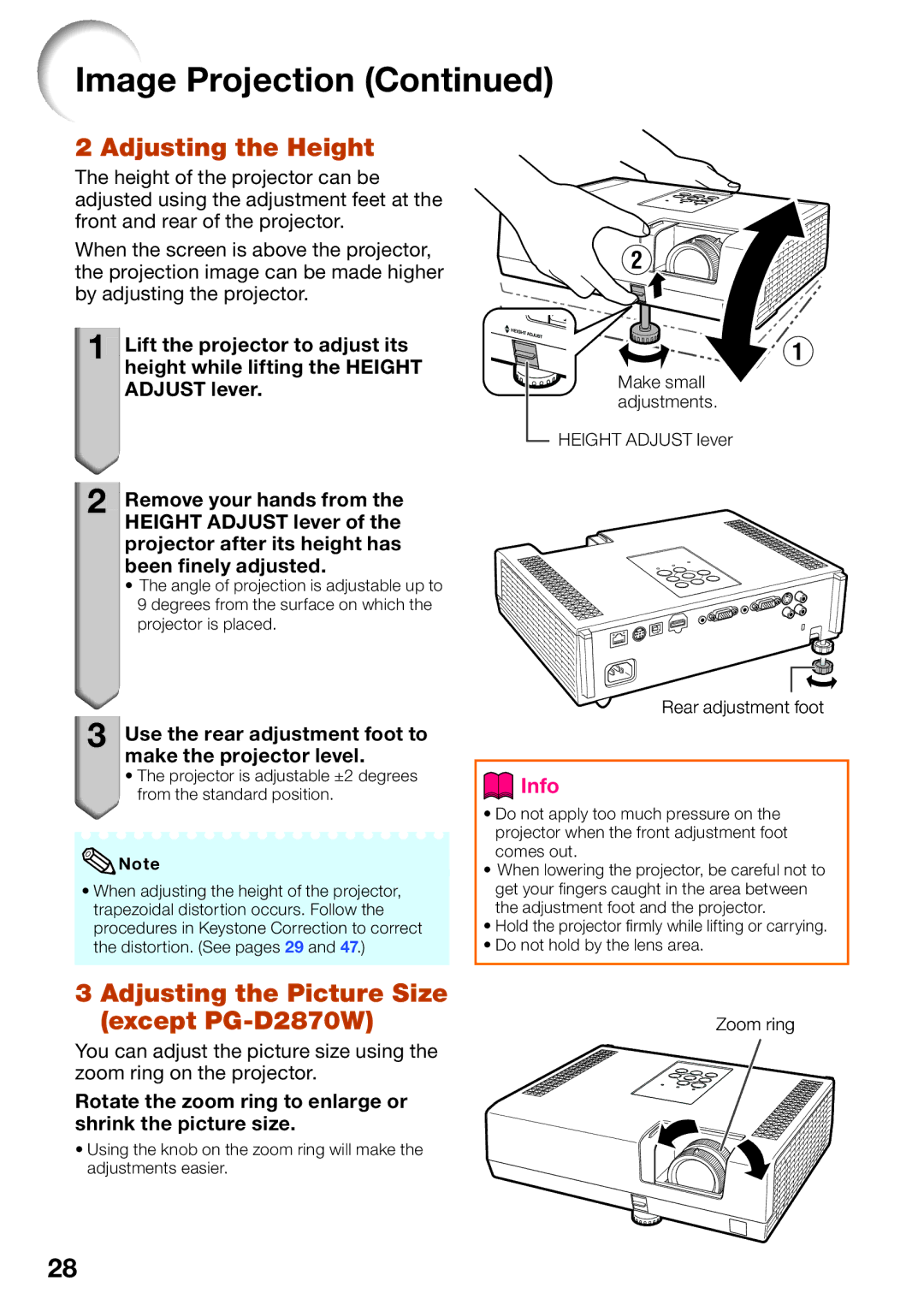 Sharp PG-D3550W, PG-D3050W appendix Adjusting the Height, Adjusting the Picture Size except PG-D2870W 