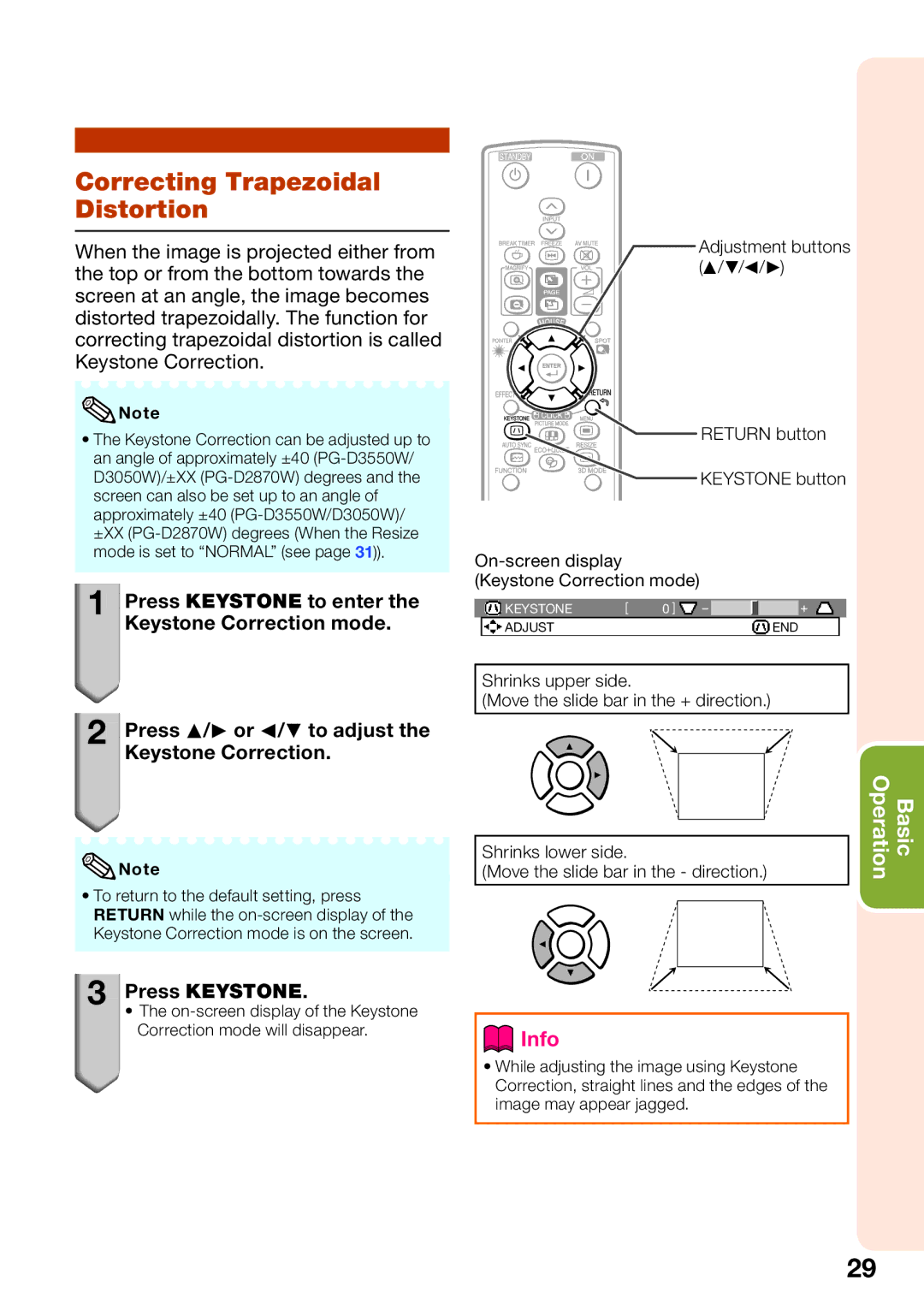 Sharp PG-D2870W, PG-D3050W, PG-D3550W appendix Correcting Trapezoidal Distortion, Press Keystone, Shrinks lower side 