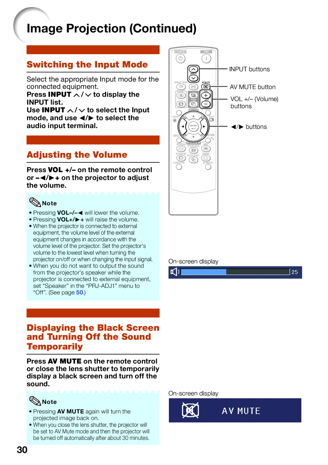 Sharp PG-D3050W, PG-D2870W, PG-D3550W appendix Switching the Input Mode, Adjusting the Volume, On-screen display 