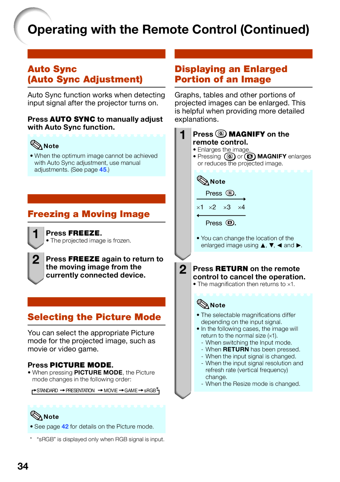 Sharp PG-D3550W, PG-D2870W, PG-D3050W appendix Freezing a Moving Image, Selecting the Picture Mode 